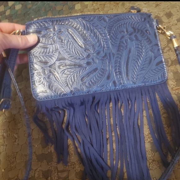 Free People Blue Embossed Fringe Bag. - Picture 6 of 14